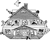 Zeichnung von Haus mit vielen Menschen, eine weie Taube fliegt darber